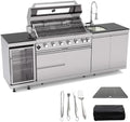 Outdoor Kitchen Island, 96 Inch 6 Burner Gas Grill Combination With Refrigerator and Sink, Outdoor Stainless Steel Barbecue Bar, Natural Gas Barbecue Grill 85000 BTU for Patios, Gardens, Parties by Qeeka