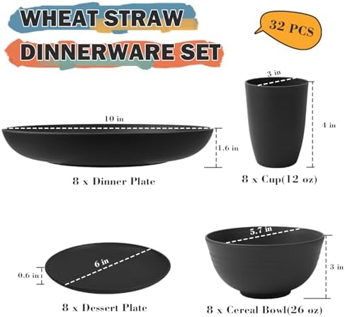Wheat Straw Dinnerware Sets for 8, 32 PCS Unbreakable Plates and Bowls Sets, Reusable Dinnerware Set for Kitchen Outdoor and Apartment Dinning Essentials - Black - Image 2