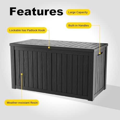 PatioZen 180 Gallon Deck Box,Resin Outdoor Storage Box with Lockable for Patio Furniture, Pool Accessories, Garden Tools Waterproof Outside Storage Box (Black) - Image 6