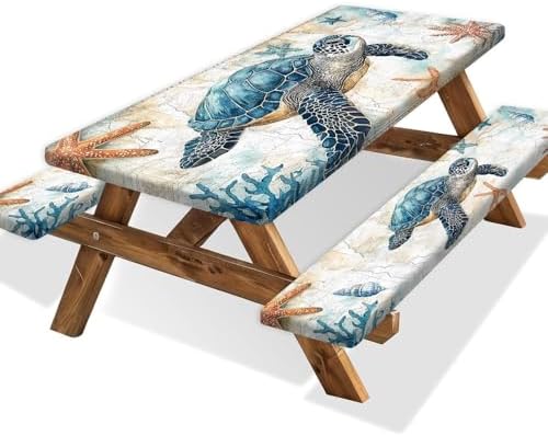 Picnic Table Cover with Bench Covers 6FT, Camping Essentials, Nautical Sea Turtle Ocean Windproof Waterproof Picnic Table Cloth, Fitted Tablecloth with Elastic Edge for Indoor Outdoor 3PCS 30x72 Inch by Xguatan