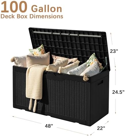 Devoko 97 Gallon Deck Box, Waterproof Resin Outdoor Storage Box for Outside and Patio, Large Outdoor Storage Bench Cabinet Lockable for Patio Furniture, Garden Tools and Pool Supplies (Black) - Image 4