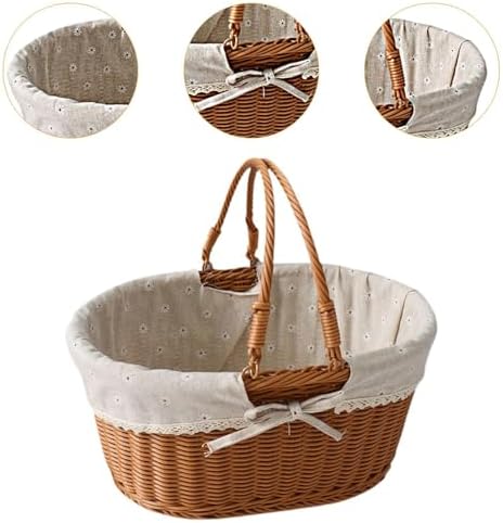 Imitation Rattan Picnic Basket Picnic Hamper Woven Storage Basket Fruit Basket for Bread Fishing Garden BBQ Outdoor Camping- Style D - Image 5
