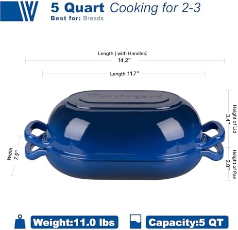 VORRINGARD Enameled Cast Iron Sourdough Bread Oven, Dutch Oven, Loaf Cast Iron Bread Pan for Homemade Bread Baking, Meatloaf Pan with Lid, 5QT, Blue - Image 2