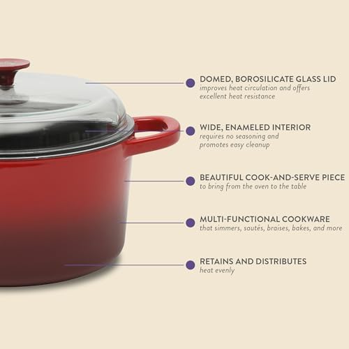 Crock Pot Artisan 7-Quart Round Enameled Cast Iron Dutch Oven With Oven Safe Borosilicate Glass Lid, Heavy-Duty Cookware for Baking, Roasting & Slow Cooking, Red - Image 3
