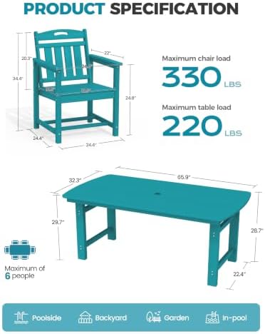 Ciokea HDPE Outdoor Dining Set of 4, Patio Table and Chairs Sets, Lake Blue - Image 2