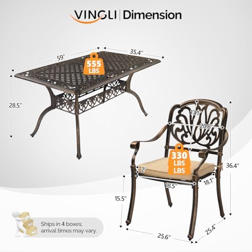 VINGLI 7 Pieces Outdoor Dining Set, Cast Aluminium All-Weather Patio Dining Set for 6 with Umbrella Hole, Outdoor Dining Table and Chairs with Cushion for Yard, Garden, Porch and Poolside, Bronze - Image 7