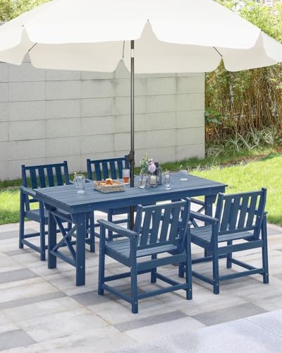 5 Pieces HDPE Patio Dining Set, Outdoor Table and Chairs with Umbrella Hole, Modern Outdoor Dining Set for 4, HDPE Outdoor Patio Furniture Dining Sets for Deck, Poolside, Porch, Navy - Image 3