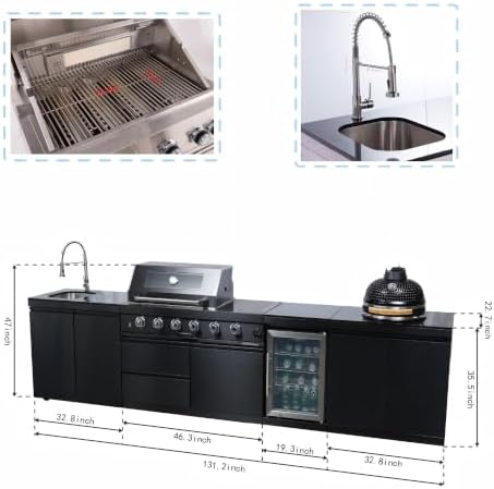 131'' LPG Outdoor Kitchen Island with Grill, 72000 BTU, 6-Burner, Black - Image 2