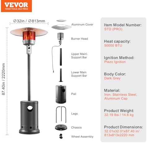 VEVOR 50000BTU Propane Patio Heater for Outdoor Use With Round Table Design, Metal Burner and Wheels - Tall Hammered Flame Heater for Party, Backyard, Garden, Silver Gray - Image 7