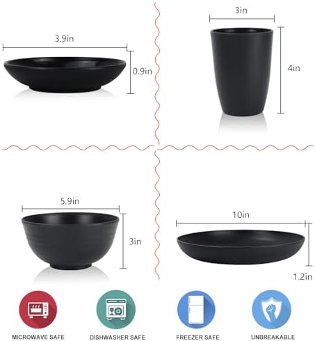 Wrova Wheat straw dinnerware sets of 16-10 inches plates,26oz bowls,2oz dipping bowls,12oz cups - Unbreakable plates and bowls sets microwave safe and dishwasher safe,service for 4. Black - Image 2