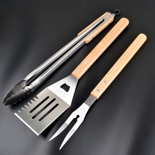 3 Piece Barbecue Tool Sets,Heavy Duty Stainless Steel and Wooden Handles BBQ Tool Sets,Grill Accessories,Grilling Spatula,Fork,Tongs for Outdoor Grill Cooking (Large BBQ Tools Set-3P) by HONSHEN