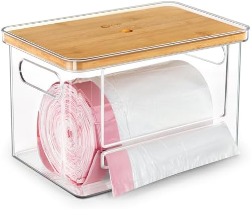 Stackable Trash Bag Dispenser with Wooden Top for Holding 13 to 30 Gallon Bag Sizes – Small Size Garbage Bag Holder with Anti-Slip Base, Trash Bag Dispenser Under Sink (10.8"x6.7"x6" inches) by COZYCRAZE