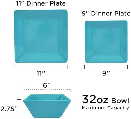 TP 12-Piece Melamine Dinnerware Sets, Square, Service for 4, Teal - Image 2