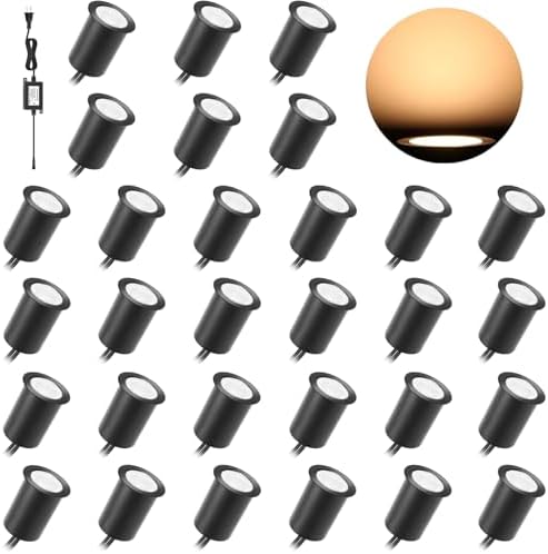 RNEHON LED Outdoor Deck Lights Kits with Protecting Shell, Φ1.18in Warm White 30 Pack, IP67 Waterproof Recessed Stair Step Landscape Lighting 12V Low Voltage for Yard Patio Floor Kitchen Decoration by MRNEHON