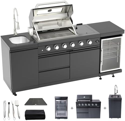 Outdoor Kitchen Island, 84.6 Inch 72000 BTU Propane Gas Grill Combination With Refrigerator and Sink, Outdoor Stainless Steel Barbecue Bar, Propane Grill, for Patios, Gardens, Parties by Qeeka