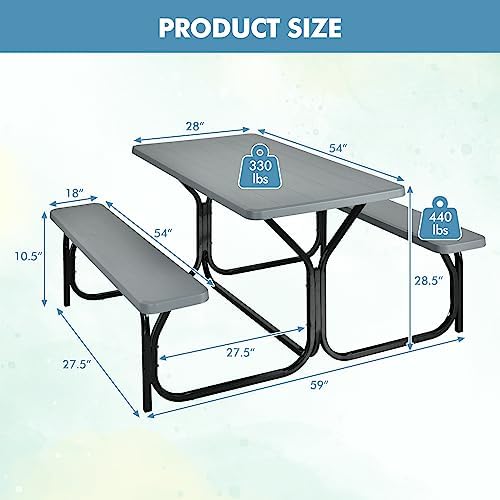ORALNER Picnic Table, Resin Dining Table & 2 Benches Set, Weather Resistant Wood Grain Plastic Tabletop & Steel Frame, Picnic Tables for Outdoors, Porch Yard Patio Lawn Party Camping (Grey) - Image 2