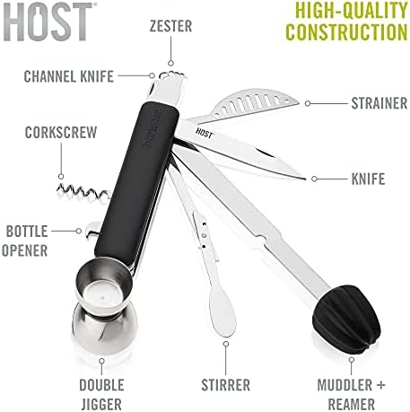 HOST All in One Bartender Multitool Set, 10 in 1 Bar Tool with Strainer, Muddler, Reamer, Jigger, Stirrer, Zester, Corkscrew, Opener, Knife and Channel Knife for Camping, Travel and Outdoor Use - Image 3