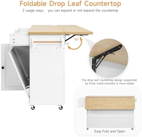 ONBRILL 60" Kitchen Island with Trash Can Storage, Rolling Island Table - Image 4