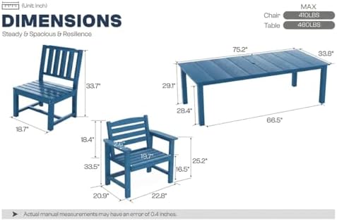 Perli™ 7-Piece Outdoor Dining Set, All-Weather HDPE Patio Table and 6 Chairs with Umbrella Hole, UV-Resistant Composite Wood Dining Furniture for Deck, Backyard, Poolside, Blue - Image 7