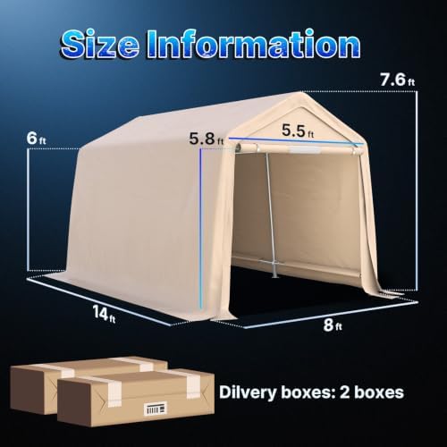 ADVANCE OUTDOOR 8x14 ft Steel Metal Peak Roof Portable Garage Shelter Storage Shed Carport for Motorcycle, Bike or Garden Tools with 2 Roll up Doors & Vents, Beige - Image 2