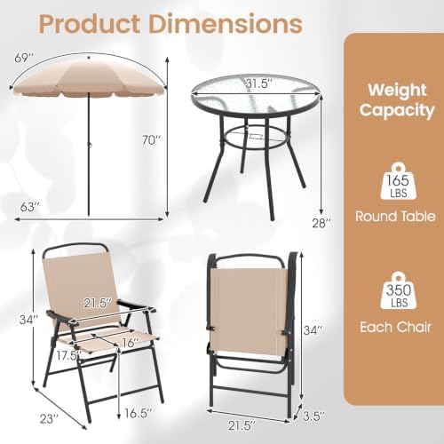 Tangkula 6 Pieces Patio Dining Set with Umbrella, Outdoor Table and Chairs Set with 4 Folding Armchairs and Round Tempered Glass Table for Garden, Deck, Lawn and Backyard (Beige) - Image 4