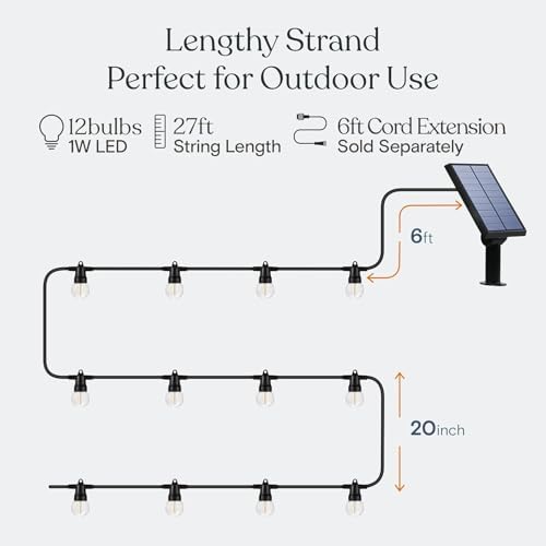 Brightech Ambience Pro 27 Ft Solar Powered Outdoor String Lights - Commercial Grade Waterproof Patio Lights Withn Edison Globes, Shatterproof LED String Lights for Patio - 1W, Warm White, 12 Bulbs - Image 3