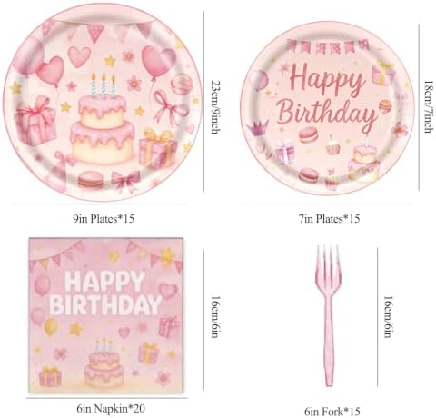 65Pcs Pink happy birthday cake plate napkin, girl birthday party theme - Image 2