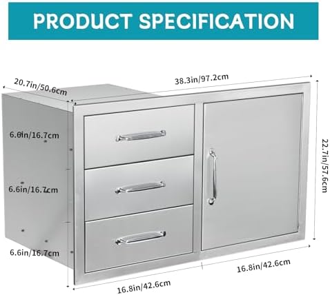 Outdoor Kitchen Door Drawer Combo Cabinet,38.1W x 22.6H x 20.8D Stainless Steel with Handles,Triple Drawers & BBQ Access Combo for Outdoor Kitchen Island (Drawer with Handle and Right Door Combo) - Image 2