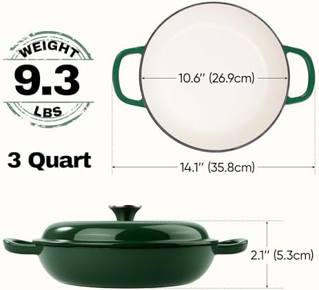 3 Quart Enameled Cast Iron Braiser, Non Stick Enameled Cast Iron Skillet with Lid, Dutch Oven Skillet with lid up to 500°F for Oven, Stove, Grill, Shallow Dutch Oven for Cook, Bake (Green) - Image 4