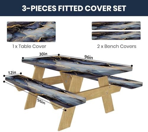 CAPSCEOLL Fitted Picnic Table Cover with Bench Covers 8ft - Elastic Scratch-Resistant Waterproof - Black Blue Marble Camping Tablecloth with Drawstring Bag for RV Essentials Pet Lovers (96in, 3 PCS) - Image 2