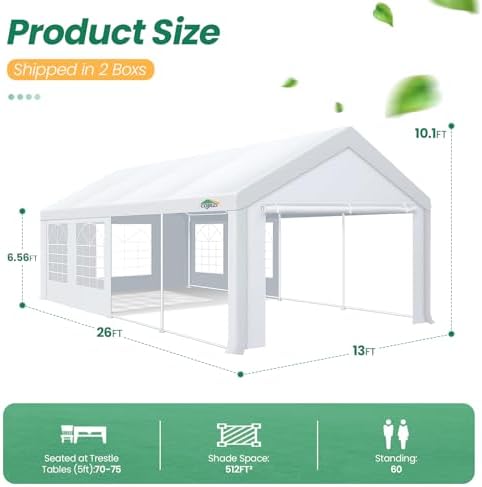 COBIZI Carport 13x26FT Party Tent Heavy Duty,Storage Shelter Shed Portable Garage withh 8 Sidewalls & Built-in Sandbags, Waterproof Wedding Canopy Gazebo Commercial Tent for Party, Camping, Patio - Image 2