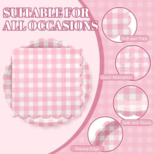 Roshtia 120 Pcs Pink Gingham Plates and Napkins Set, for Girls Baby Shower - Image 3