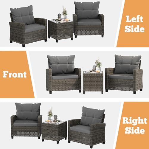 Shintenchi 3 Pieces Patio Furniture Set 3 Pieces PE Rattan Wicker Chairs with Table Outdoor Furniture for Backyard/Garden/Poolside/Outdoor Restaurant Gary Rattan with Gary Cushion - Image 5