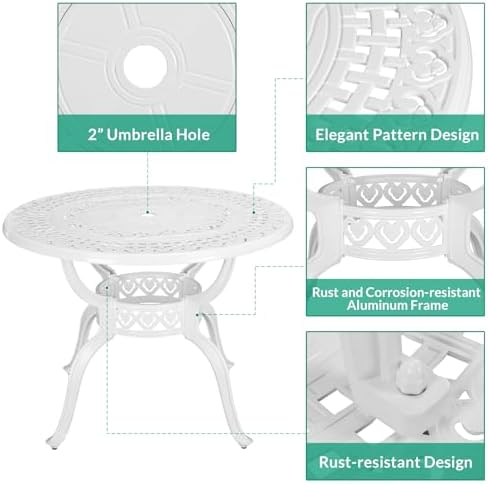 VIVIJASON 5-Piece Outdoor Patio Dining Set, All-Weather Cast Aluminum Conversation Set, Patio Furniture Set, Include 4 Swivel Cushioned Chairs, a 38.5" Round Table w/Umbrella Hole, White - Image 2