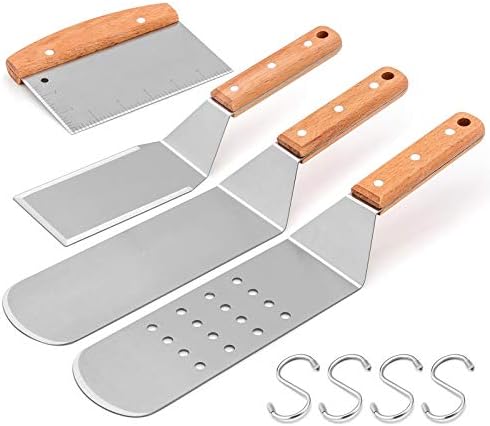 HaSteeL Metal Spatula Set of 4, Stainless Steel Griddle Spatula Tools Set with Wooden Riveted Handle, Professional Griddle Accessories Kit for Teppanyaki BBQ Flat Top Hibachi Cooking Grilling by HaSteeL