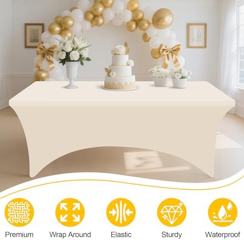 Smiry 2 Pack Spandex Table Cloth 4FT, Elastic Fitted Beige Tablecloth - Image 3