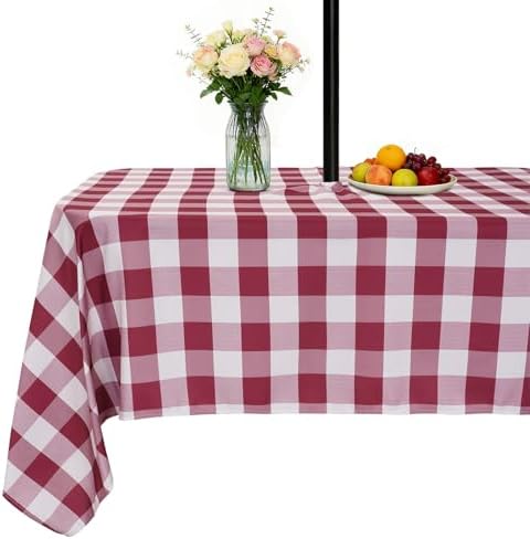 SquarePie Outdoor Tablecloth with Umbrella Hole and Zipper Rectangle Waterproof Gingham Table Cloth Spillproof Table Cover for Camping Picnic Patio Poolside Garden BBQS, 52x70 Burgundy Red Checkered by SquarePie