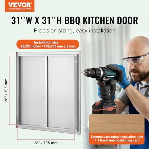 VEVOR BBQ Access Door, 31W x 31H Inch Double Outdoor Kitchen Door, Stainless Steel Flush Mount Door, Wall Vertical Door with Handles, for BBQ Island, Grilling Station, Outside Cabinet - Image 2