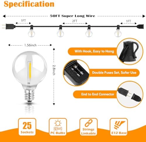 50FT Outdoor String Lights Waterproof, Bright 2700K LED Patio Lights String with 27 G40 Shatterproof Globe Bulbs, Connectable Edison String Lights for Outside, Garden, Balcony, Porch - Image 5