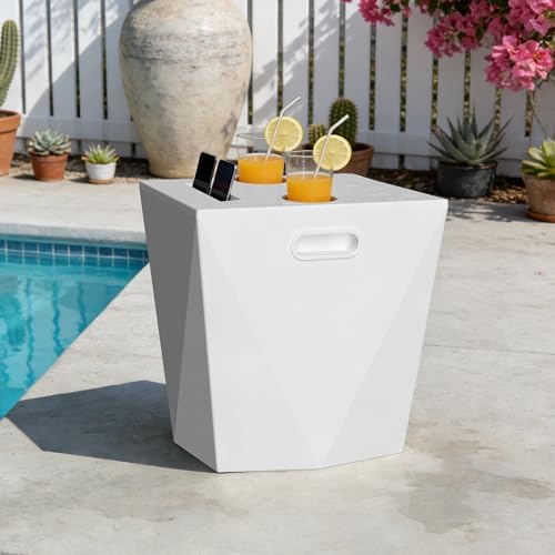 Modern Assemble-Free Outdoor Side Table, Pool Side Table for Inside Pool or on Patio, Lounger Table with 2 Cup Holders * 1 Tablet Holder, White by FHVIT