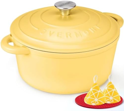Overmont Enameled Cast Iron Dutch Oven - 7QT Pot with Lid Cookbook & Cotton Potholders - Heavy-Duty Cookware for Braising, Stews, Roasting, Bread Baking GooseYellow by Overmont