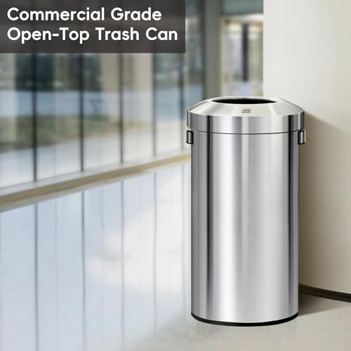 EKO 32-Gallon Round Stainless Steel Open Top Trash Can, Large Commercial Waste Bin with Detachable Lid and Carrying Handle, Brushed Metal Garbage Bin for Home, Office, Restaurant, Restroom - Image 3