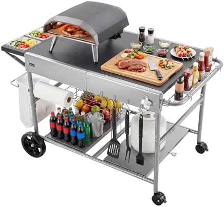 VEVOR Outdoor Grill Cart, Grilling Table, Movable Outdoor Cooking Table with 4 Spice Containers, Wheels, Lids, Hooks, BBQ Prep Tables for Picnic, Kitchen, Courtyard by VEVOR