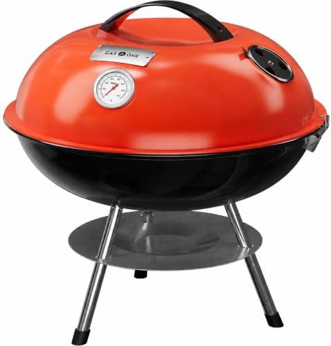 GasOne 14-inch Portable Charcoal Barbecue Grill with Thermometer – Red by GasOne