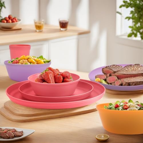 40 Piece Plastic Dinnerware Set for 8 with Cutlery, Unbreakable Plates and Bowls Set, Dishwasher & Microwave Safe Reusable Dish Set for Camping, RV, Outdoor Kitchen, Apartment Dining,Sunset Multicolor - Image 7