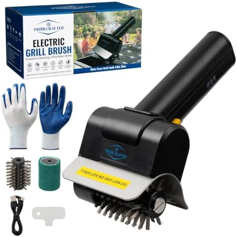 Electric Grill Brush, Cordless Rechargeable BBQ Cleaner with Stainless Steel Rotating Brush Head, Scraper, Extra Replacement Head, Heat Resistant Gloves for Gas & Charcoal Grills by Unknown