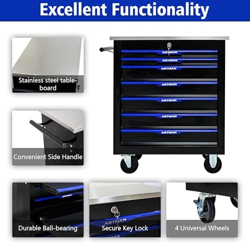 7-Drawer Heavy-Duty Rolling Steel Tool Cart with Handle&Wheels, Metal Storage Organizer Cabinet, Tool Chest for Efficient Tool Storage in Garage, Warehouse, Workshop, Repair Shop, Blue - Image 5