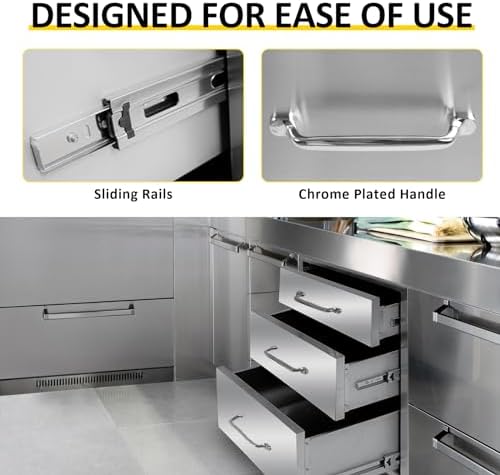 Outdoor Kitchen Drawers 20" W x 27" H x 23" D Flush Mount Triple BBQ Drawers with Chrome Handle Stainless Steel Drawer for Outdoor Kitchen Island, Patio Grill Station - Image 4