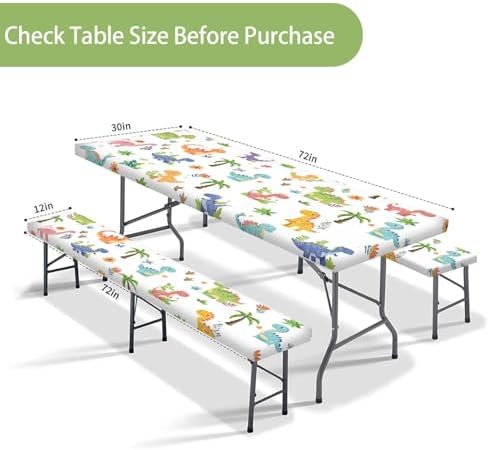 Funny Dinosaur Picnic Table Cover with Bench Covers and Bag, Camping Essentials, Animal Waterproof Windproof Fabric, Fitted Tablecloth Cover with Elastic Edge, for Indoor & Outdoor, 3 PCS, 30x72 Inch - Image 3