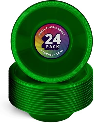DecorRack 24 Small Plastic Bowls, 7 inch Disposable 12 oz Serving Bowl, Fruit Snack, Popcorn, Soup, and Salad, Kids Birthday and Holiday Party Supplies, Green (Pack of 24) by DecorRack